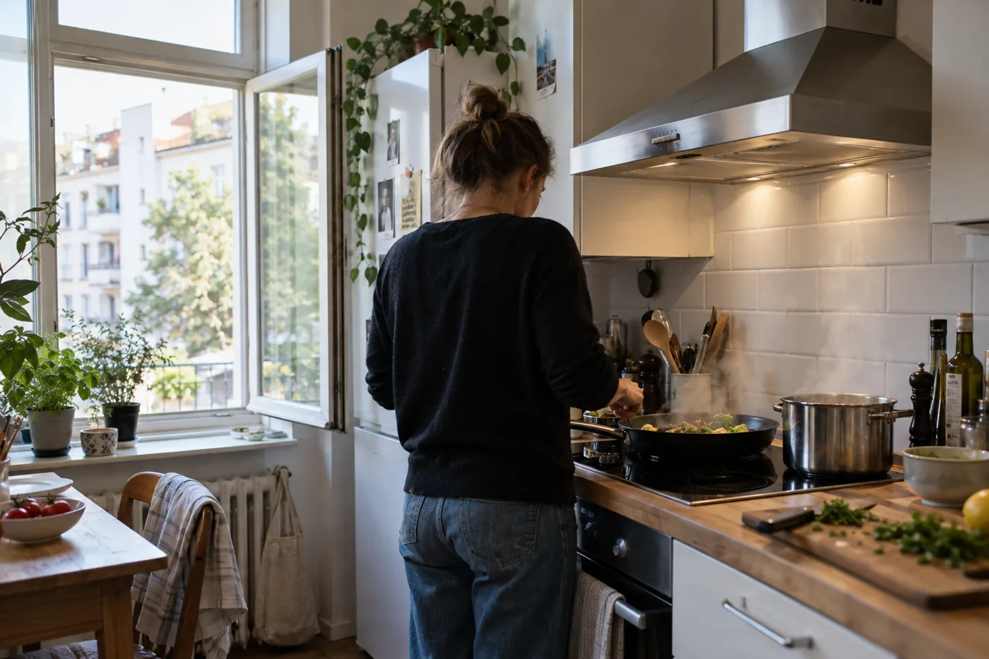 Frau kocht unter einer Dunstabzugshaube in einer deutschen Wohnungsküche