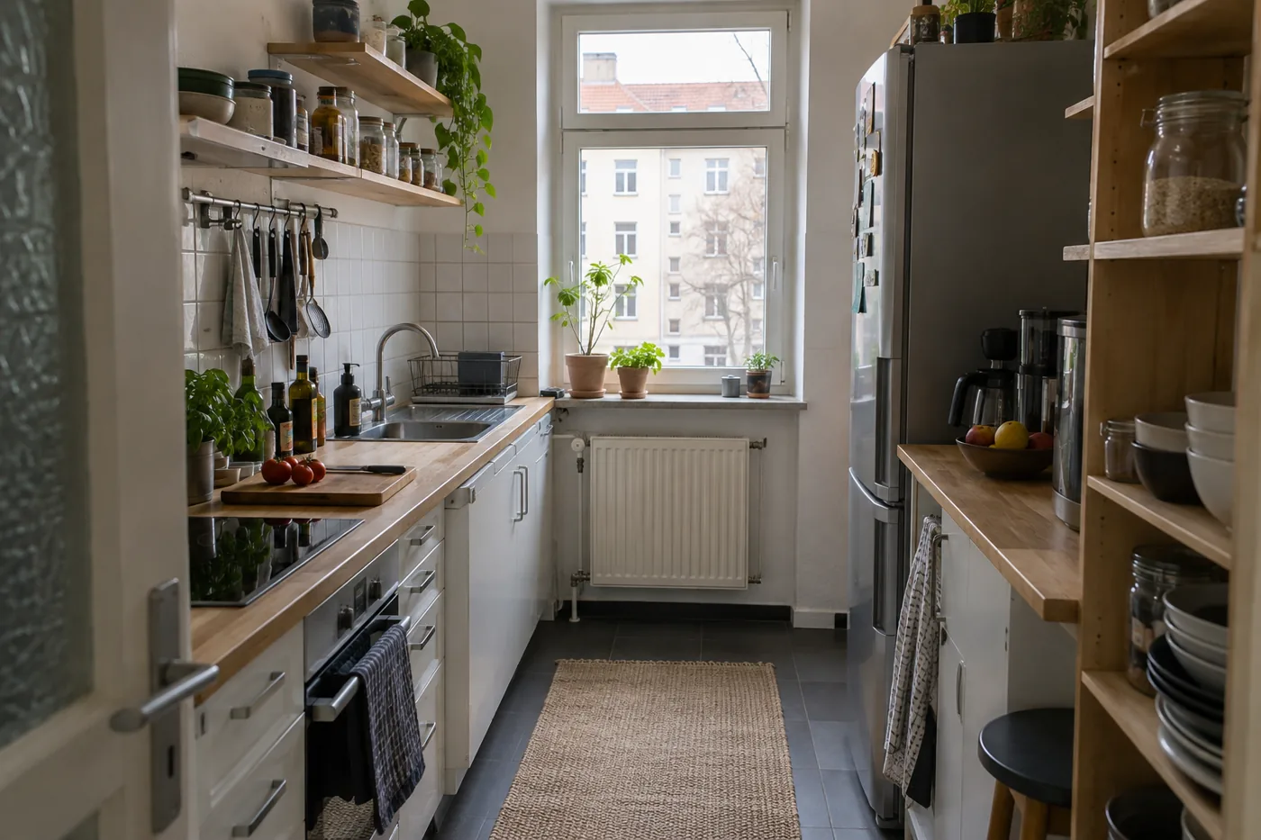 Schmale Küche in einer Stadtwohnung mit Arbeitsplatte und offenen Regalen