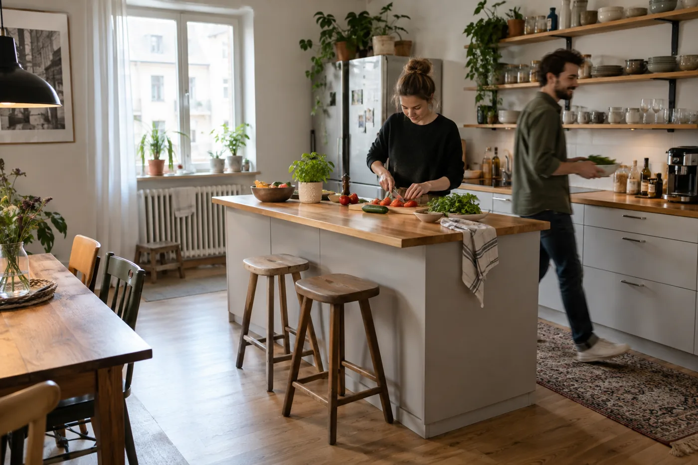 Zwei Menschen nutzen eine Kücheninsel als Arbeitsfläche in einer Wohnungsküche