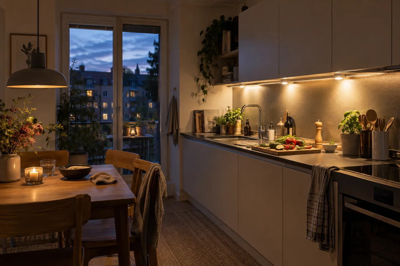 Abendliche Wohnungsküche mit beleuchteter Arbeitsplatte und Essbereich