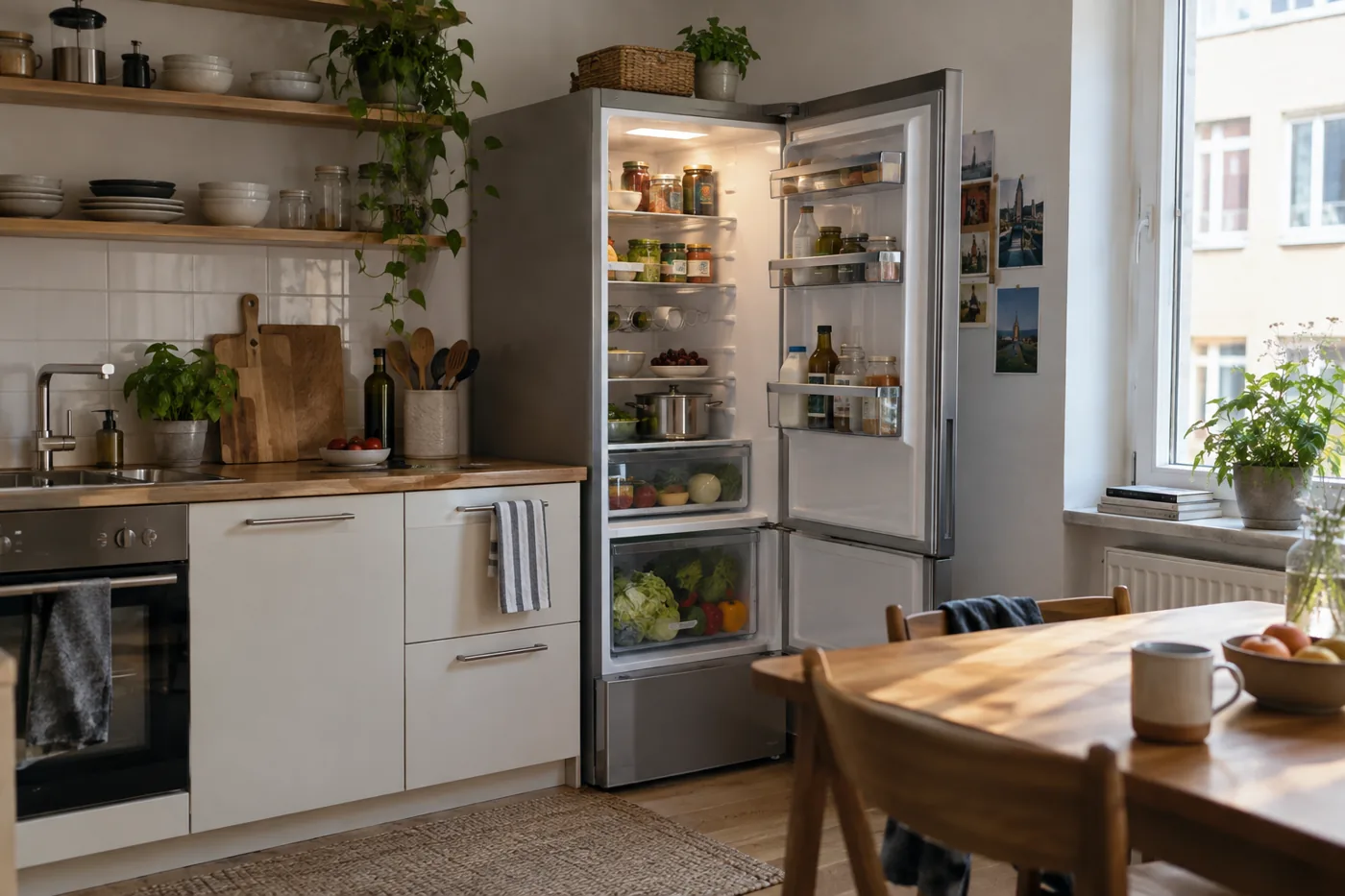Geöffneter Kühlschrank in einer deutschen Wohnungsküche
