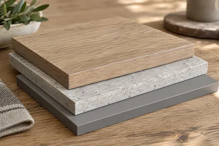 Echtes Materialmuster aus Holz, Steinoptik und matter Oberfläche